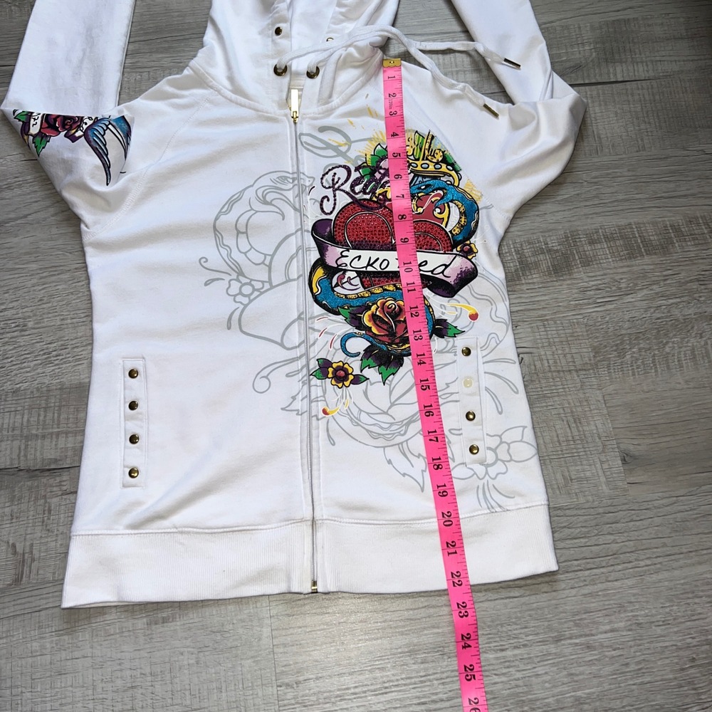 VTG Ecko Red Womens White Tattoo Graphic Zip Up Hoodie Rhinestone Heart Y2K M - Picture 5 of 12